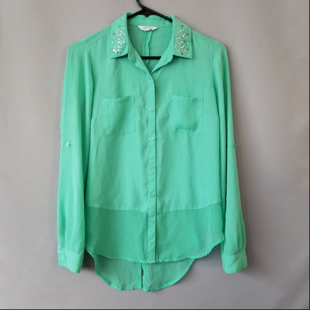 X CANDIE'S BUTTON DOWN LONG SLEEVE BLOUSE SHEER